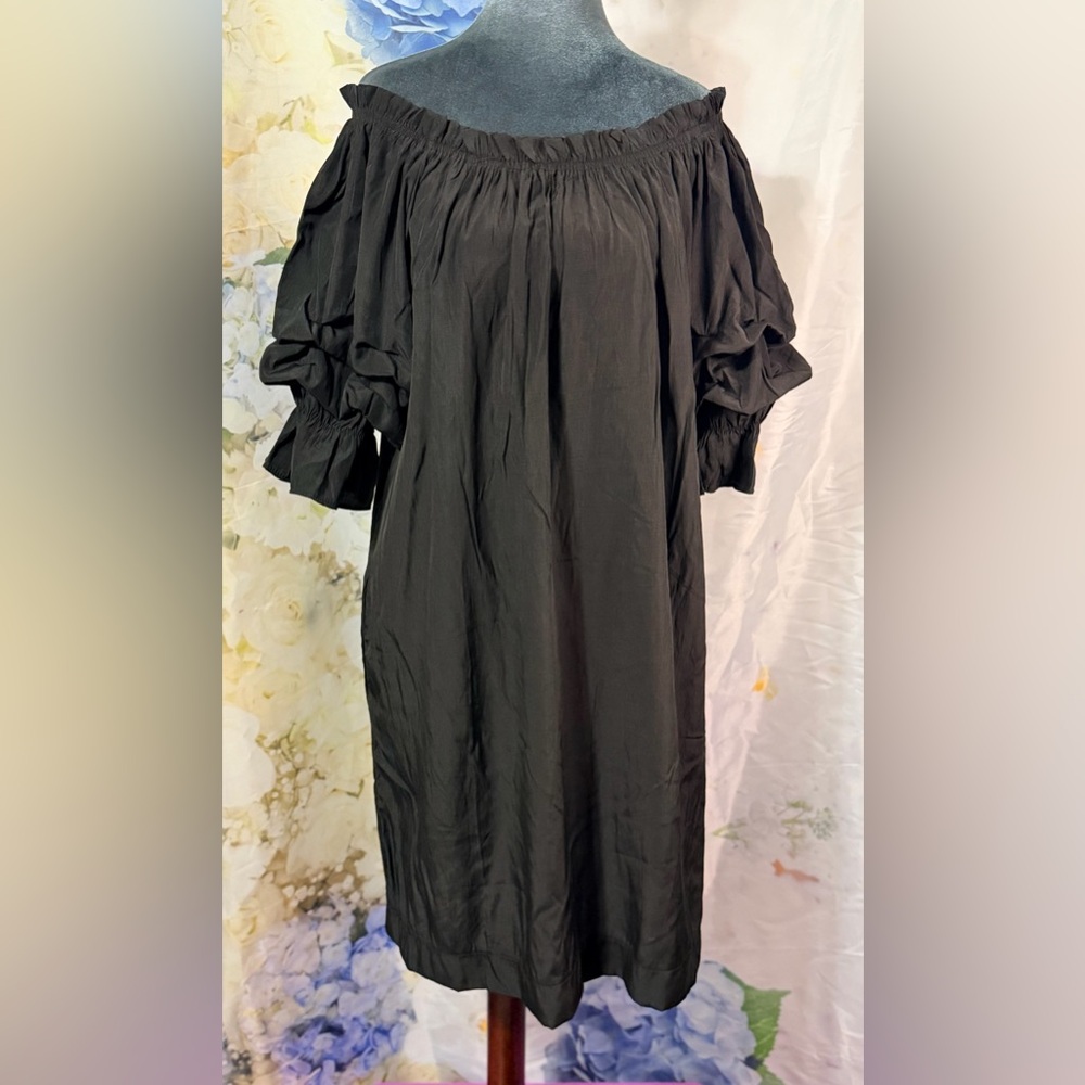 Mer Sea Off-Shoulder Black Midi Dress Tulum Ruffle mid length sleeve easy care